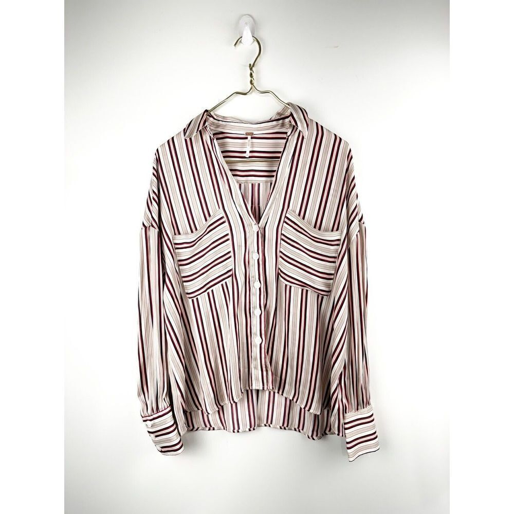 Free People Mad About You Red Striped Button Up Long Sleeve Blouse Sz M - Picture 3 of 6